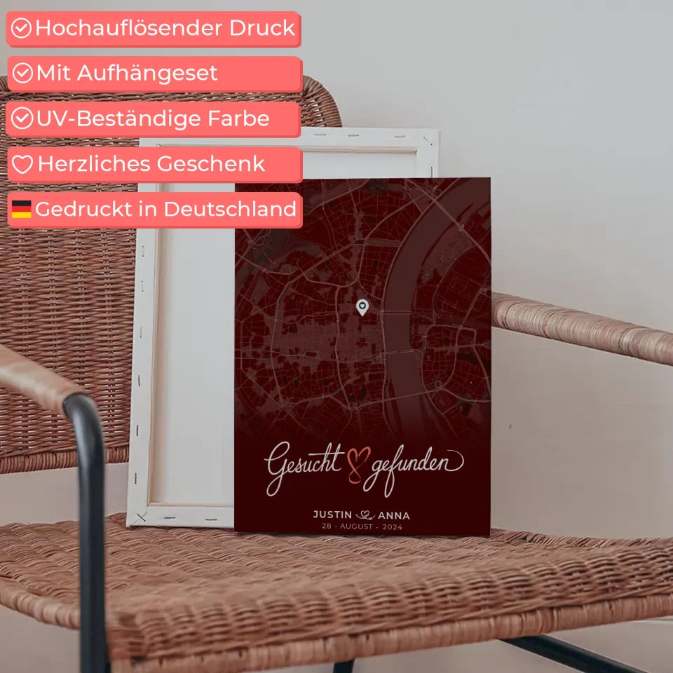 Personalisierte Rot Liebes Leinwand Stadtkarte für Paare Gesucht Gefunden 5