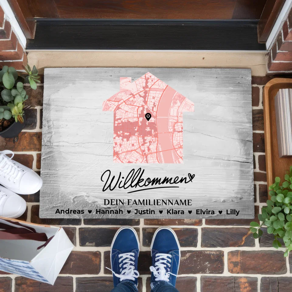 Fußmatte personalisiert Familie Stadtkarte Willkommen Vintage Holz Grau 1