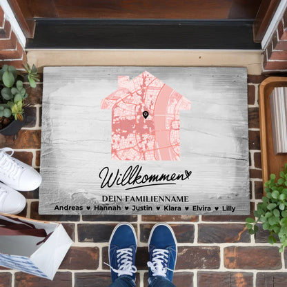 Fußmatte personalisiert Familie Stadtkarte Willkommen Vintage Holz Grau 1