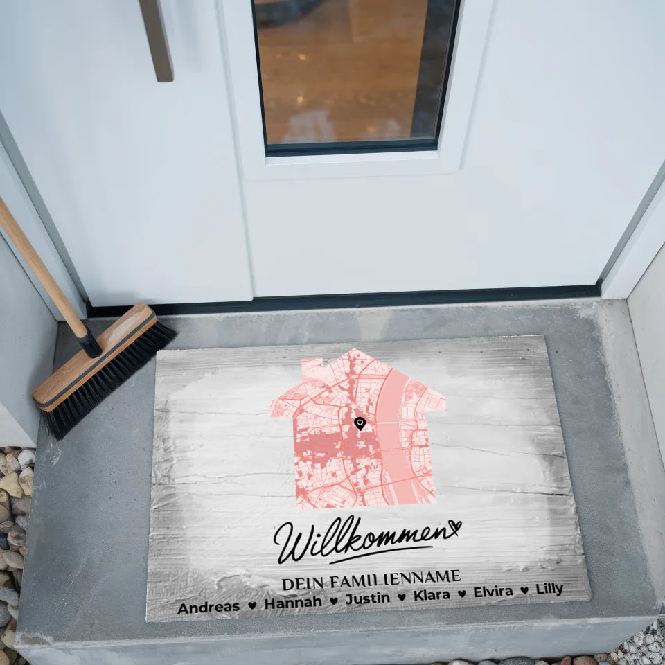 Fußmatte personalisiert Familie Stadtkarte Willkommen Vintage Holz Grau 2
