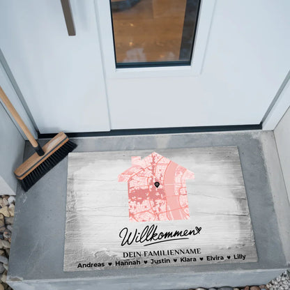 Fußmatte personalisiert Familie Stadtkarte Willkommen Vintage Holz Grau 2