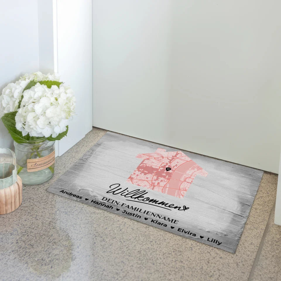 Fußmatte personalisiert Familie Stadtkarte Willkommen Vintage Holz Grau 3