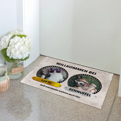 Personalisierte Fußmatte Willkommen Bei 3 Hunde Katzen selbst gestalten Fotos Namen 3