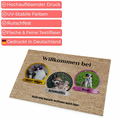 Personalisierte Fußmatte Willkommen Bei Hundebild auf Fußmatte 4 Hunde