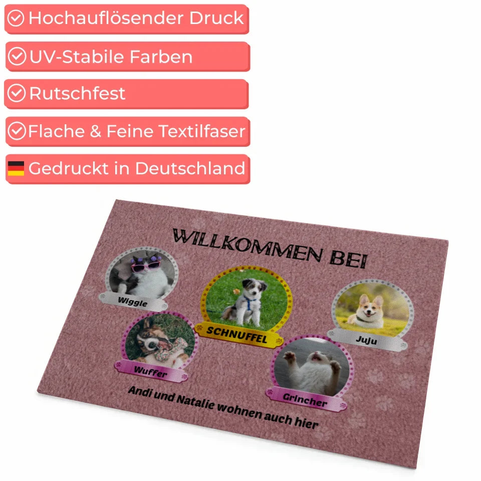 Willkommen Bei Fußmatte mit Namen von Hund für 2 Hunde und Katzen