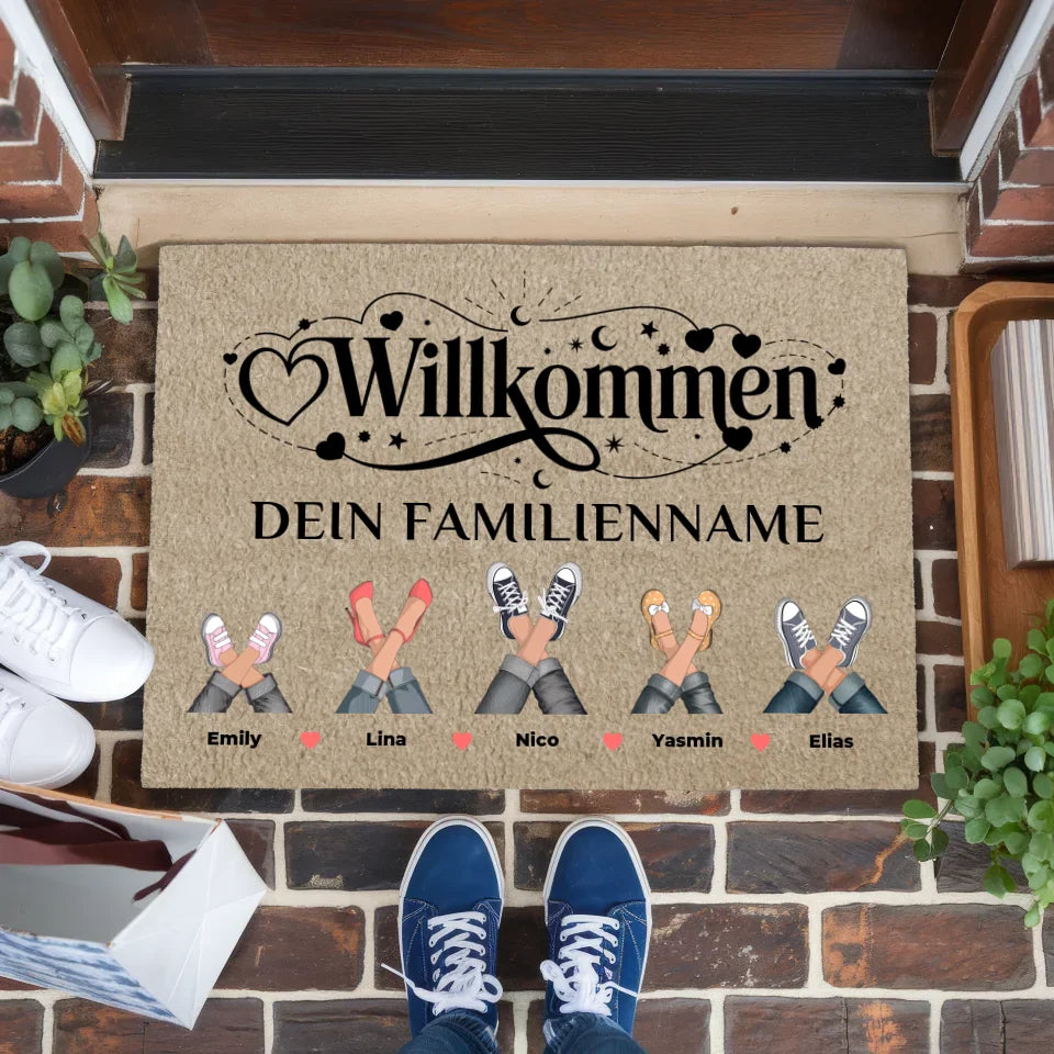 Beige Familien Fußmatte mit Namen Willkommen personalisiert