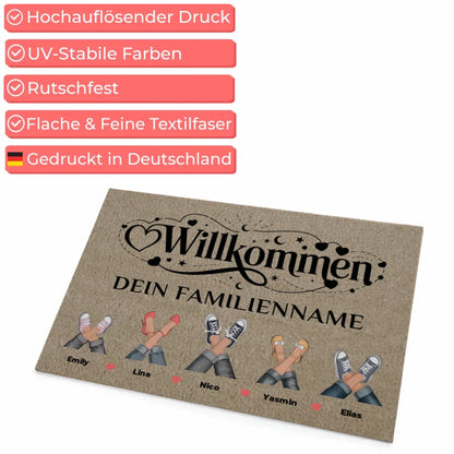 Beige Familien Fußmatte mit Namen Willkommen personalisiert