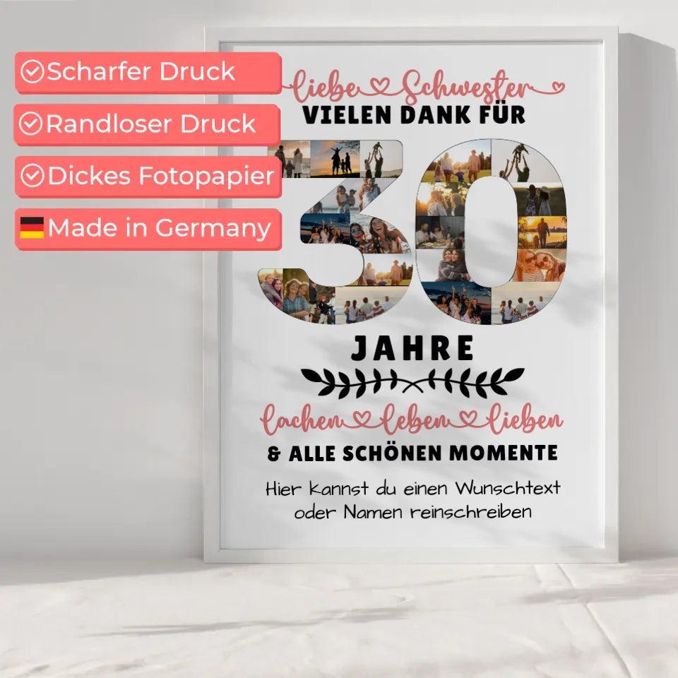 Personalisiertes Poster für Schwester zum 30 Geburtstag mit Fotos Wunschtext