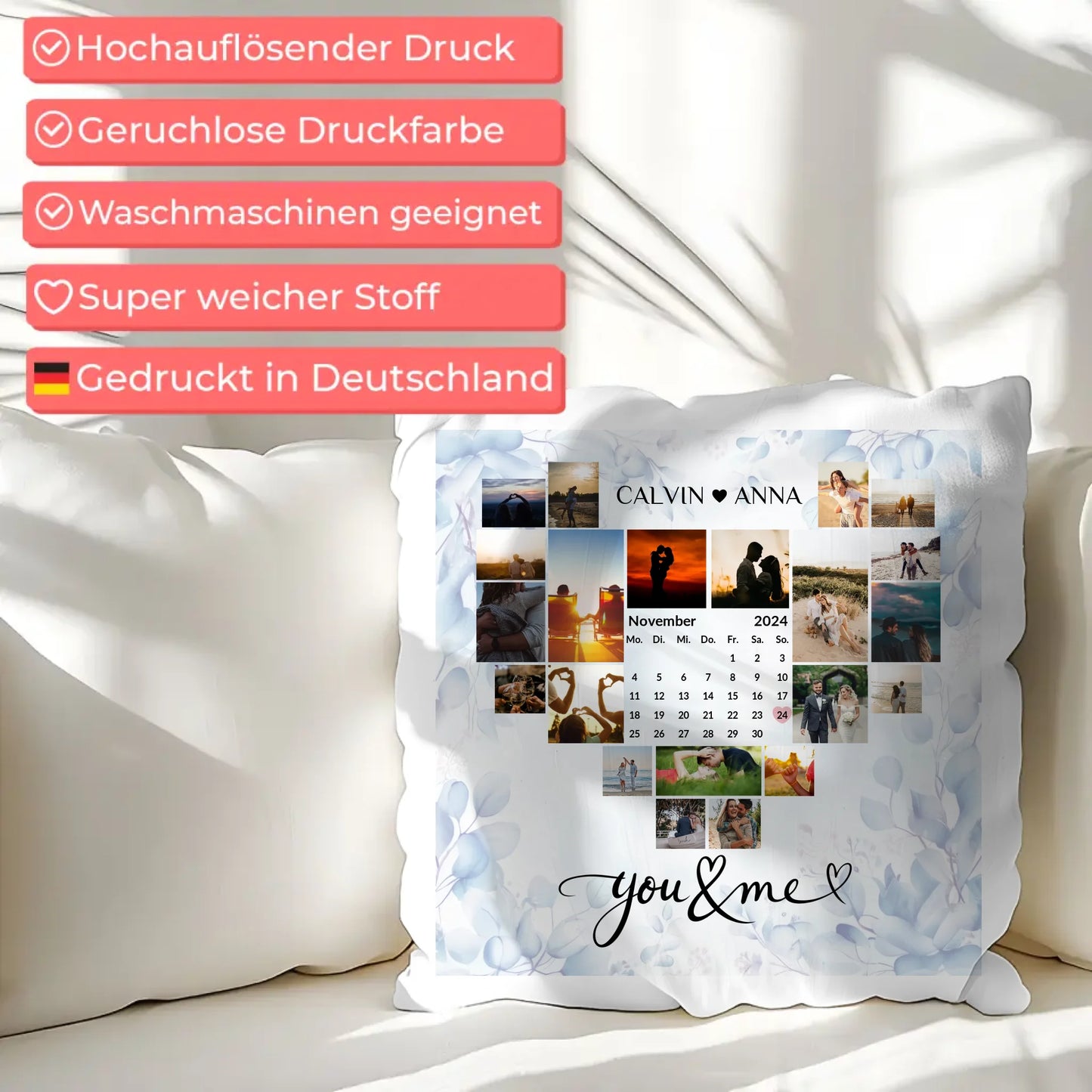 Personalisiertes Liebes Kissen mit Fotocollage You & Me