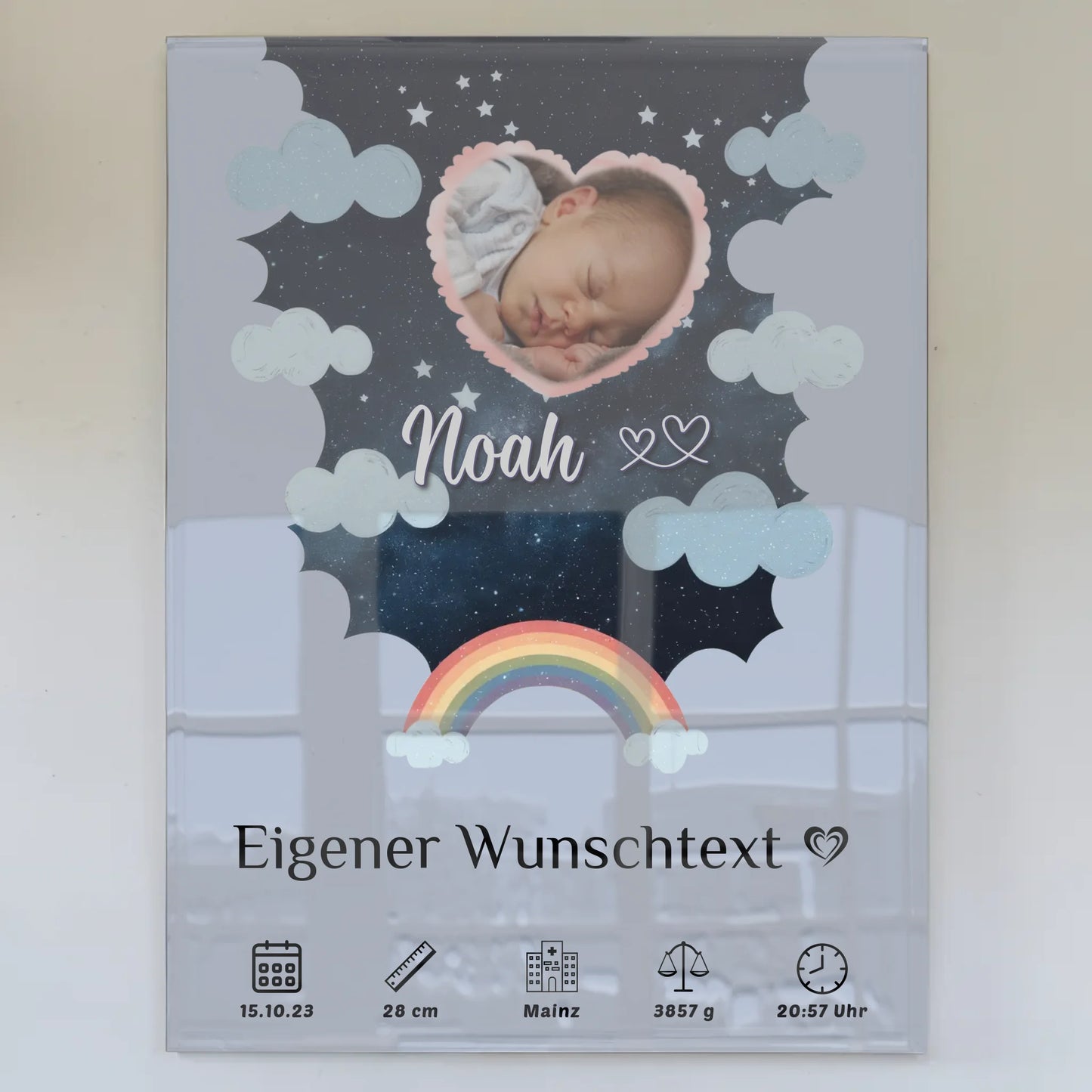 Personalisiertes Geburtsposter Acrylglas Foto Herz Blau