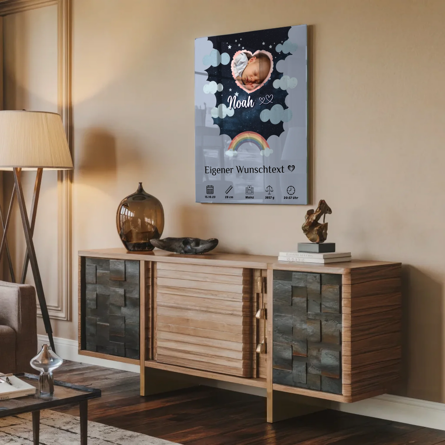 Personalisiertes Geburtsposter Acrylglas Foto Herz Blau