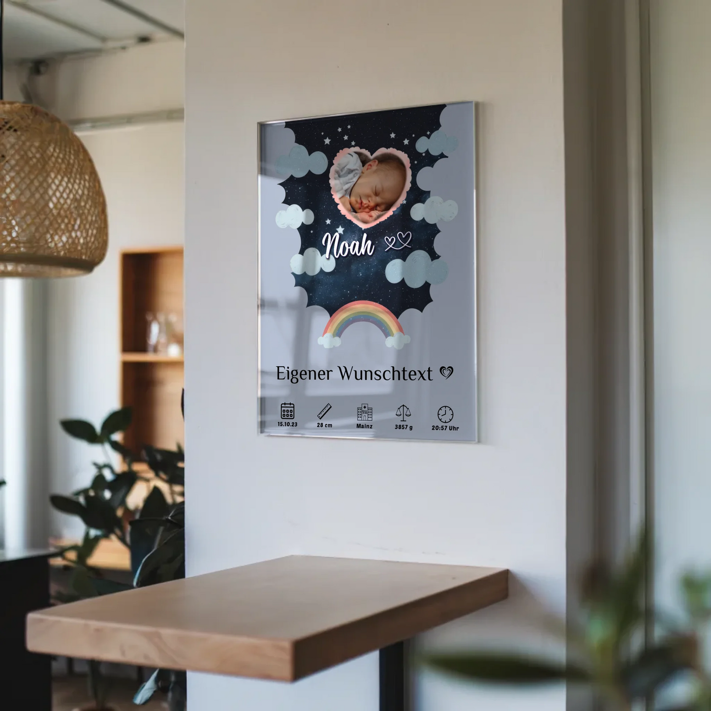 Personalisiertes Geburtsposter Acrylglas Foto Herz Blau