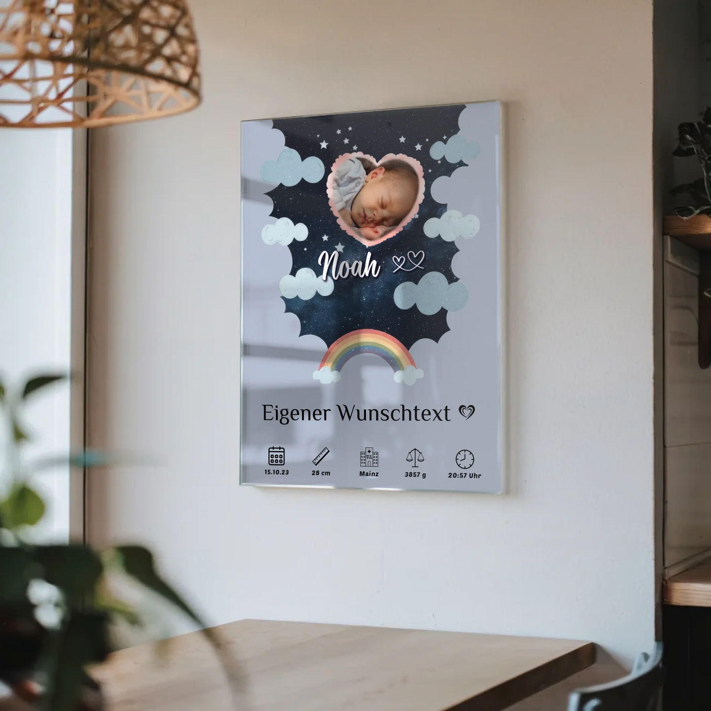 Personalisiertes Geburtsposter Acrylglas Foto Herz Blau