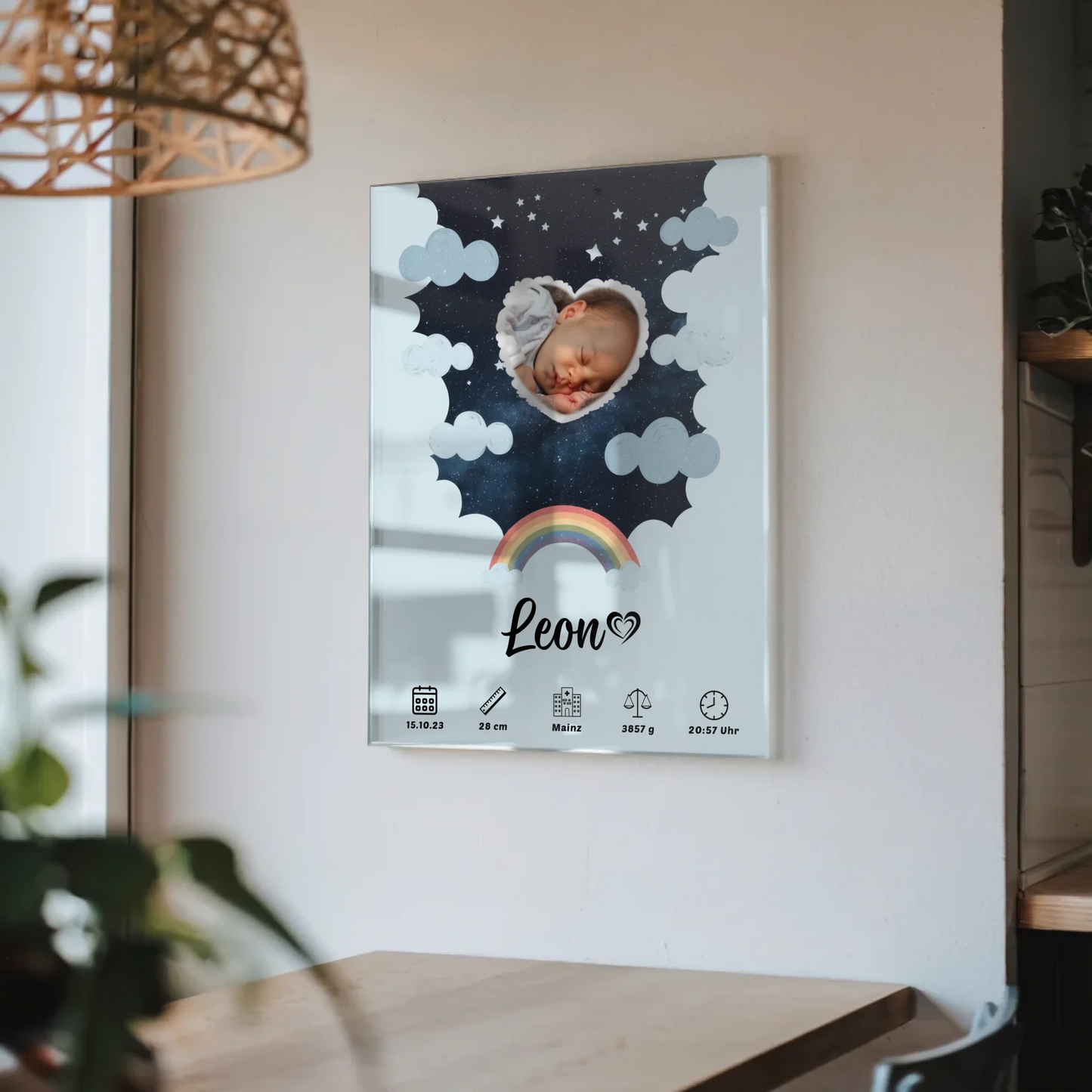 Personalisiertes Geburtsposter Acrylglas Bild Herz Stern