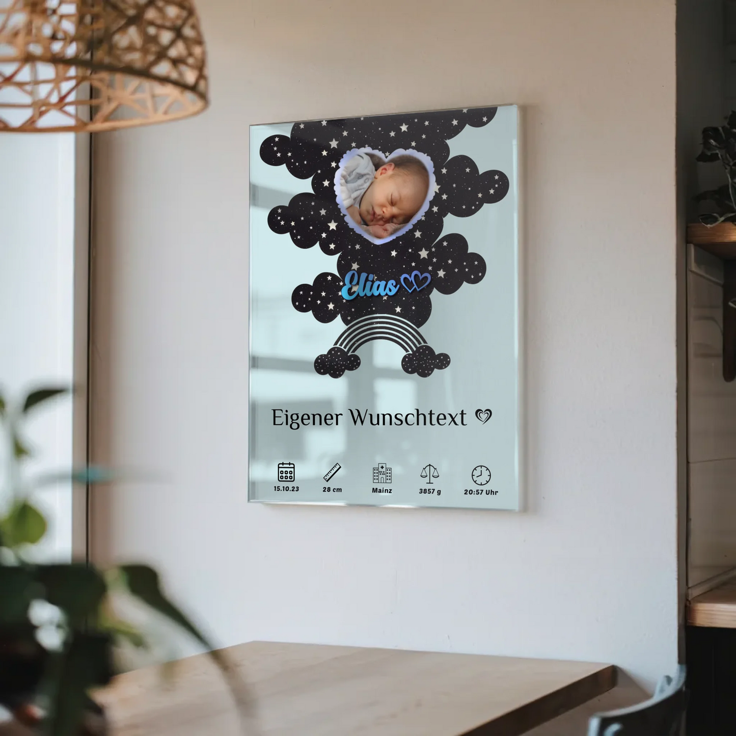 Personalisierte Acrylglas Geburtsposter Foto Herz Blau