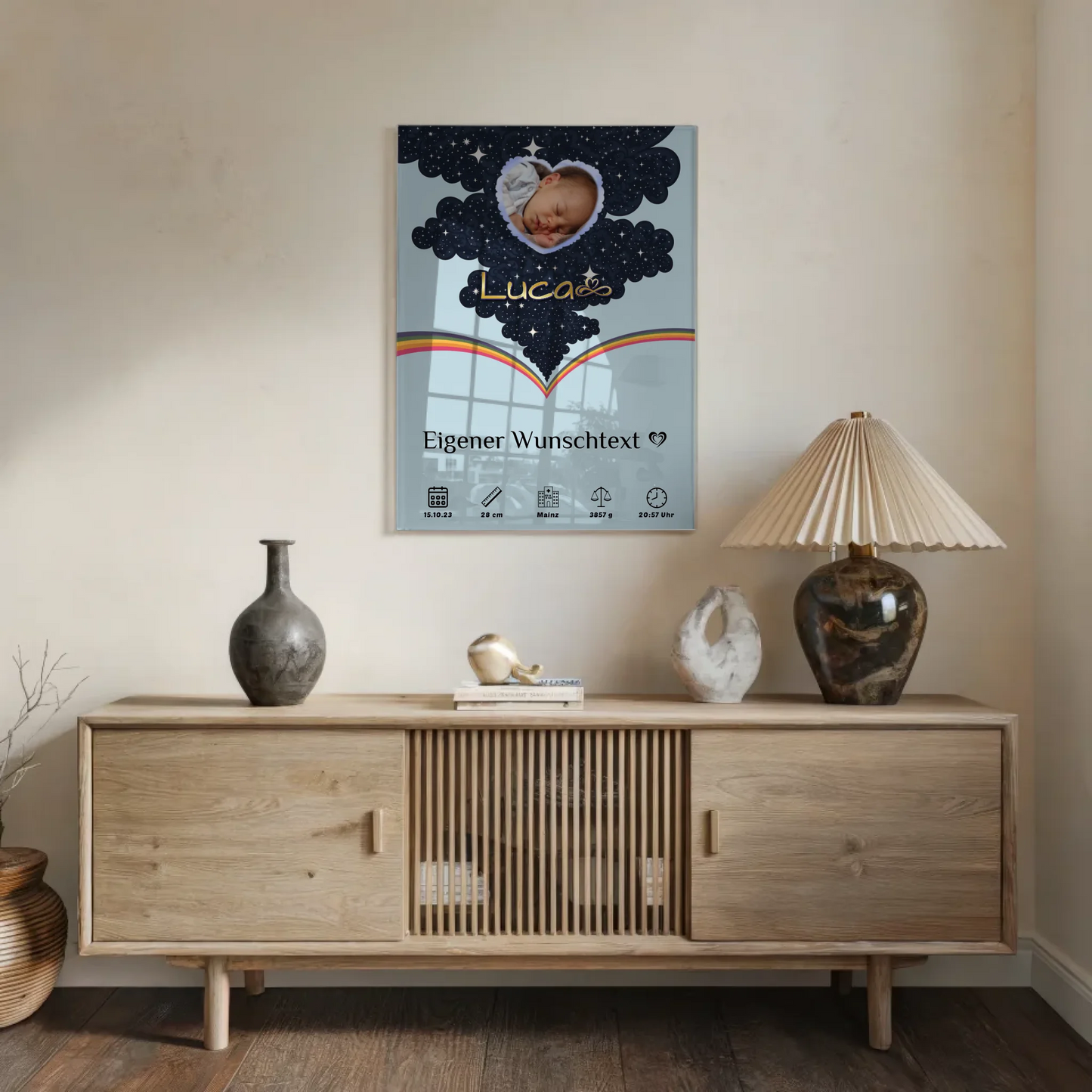 Acrylglas Bild Zur Geburt Foto Herz personalisiert Blau