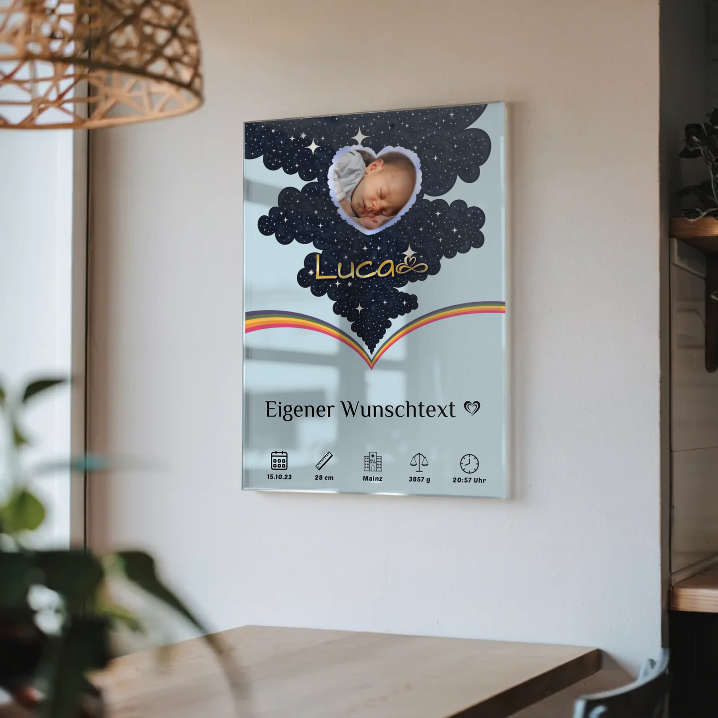 Acrylglas Bild Zur Geburt Foto Herz personalisiert Blau