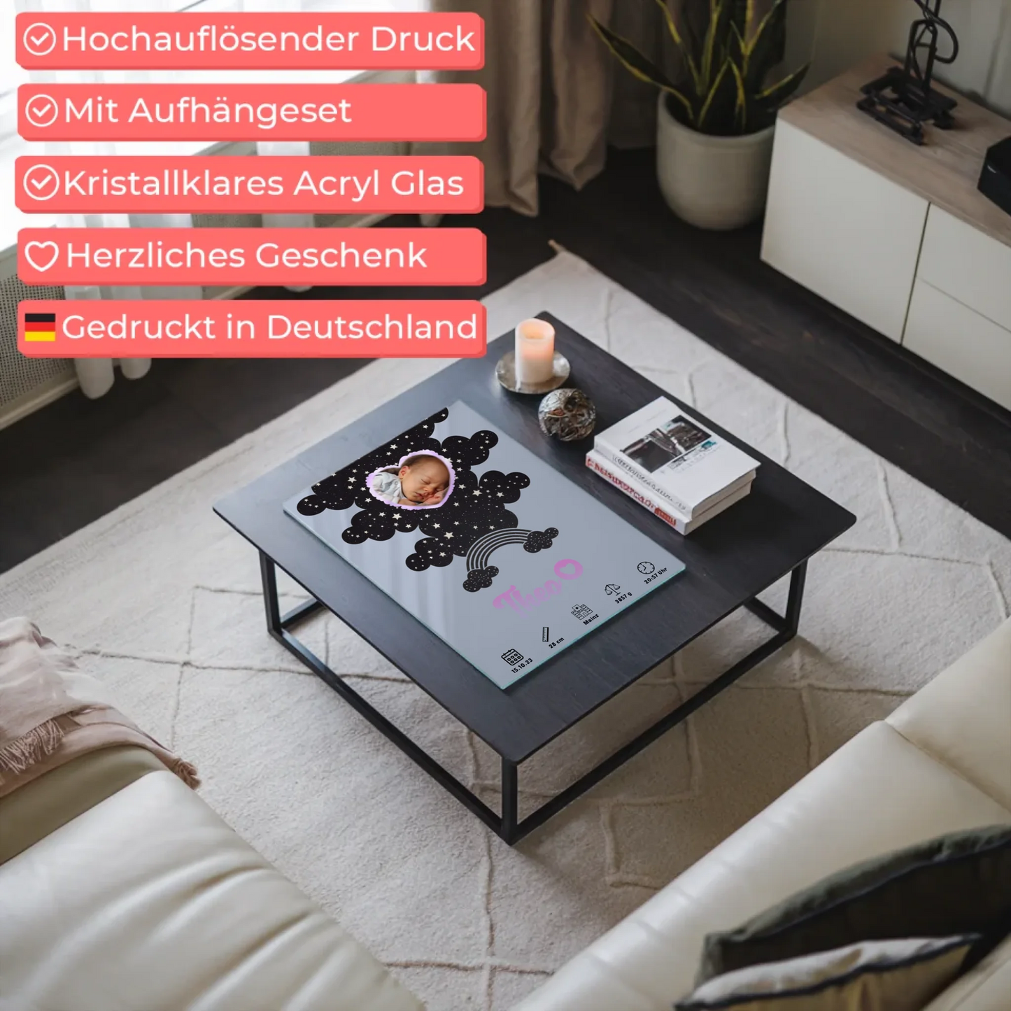 Geburtsposter Acrylglas Personalisiert Foto Herz Blau Jungen