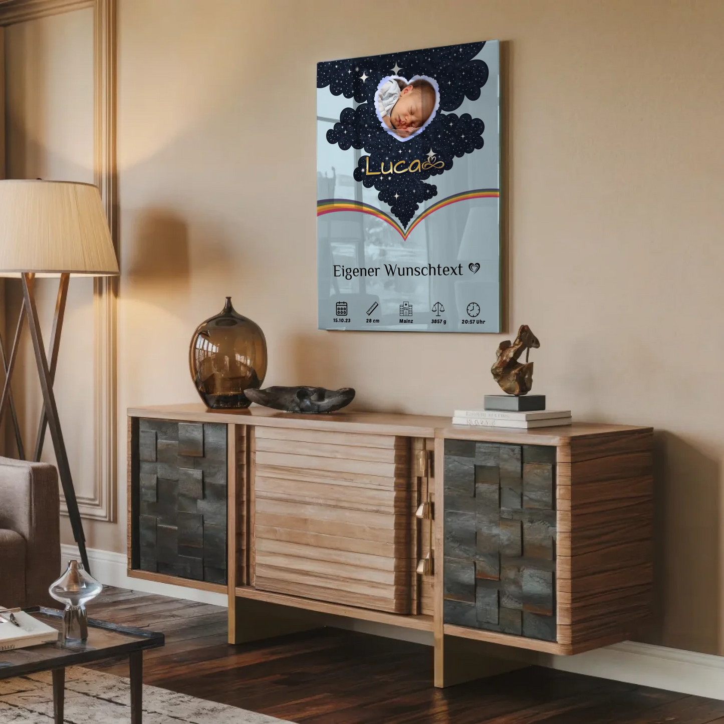 Acrylglas Bild Zur Geburt Foto Herz personalisiert Blau