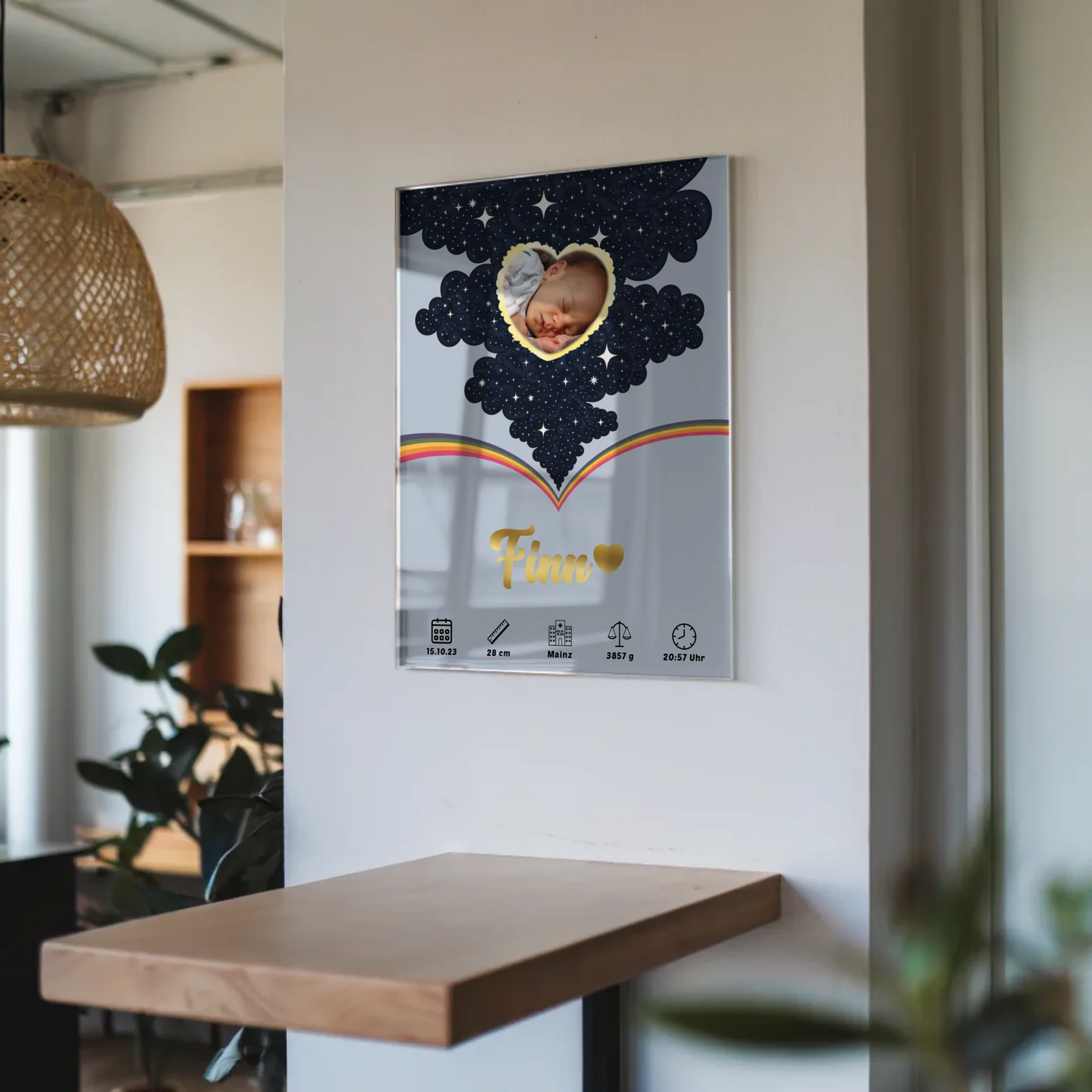 Acrylglas Bild Geburtsdaten Foto Herz personalisiert Blau