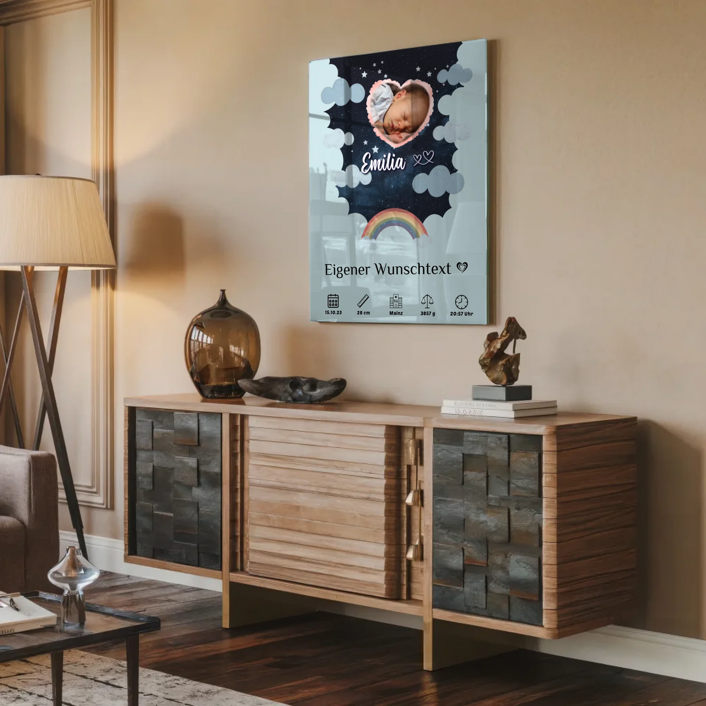 Personalisiertes Geburtsposter Acrylglas Foto Herz Sternmuster