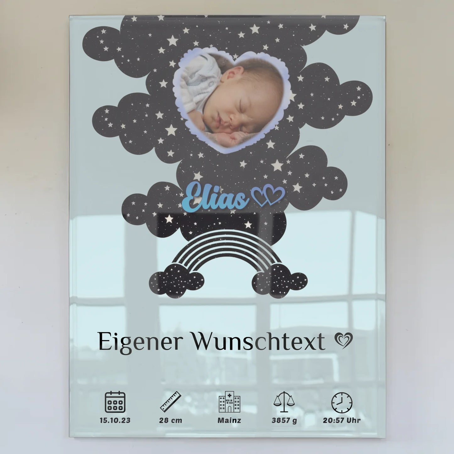 Personalisierte Acrylglas Geburtsposter Foto Herz Blau