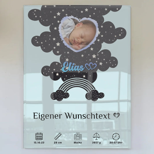 Personalisierte Acrylglas Geburtsposter Foto Herz Blau