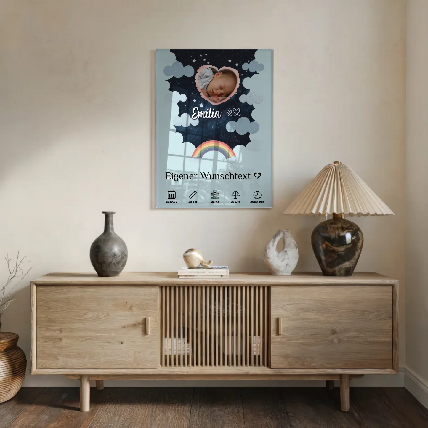 Personalisiertes Geburtsposter Acrylglas Foto Herz Sternmuster