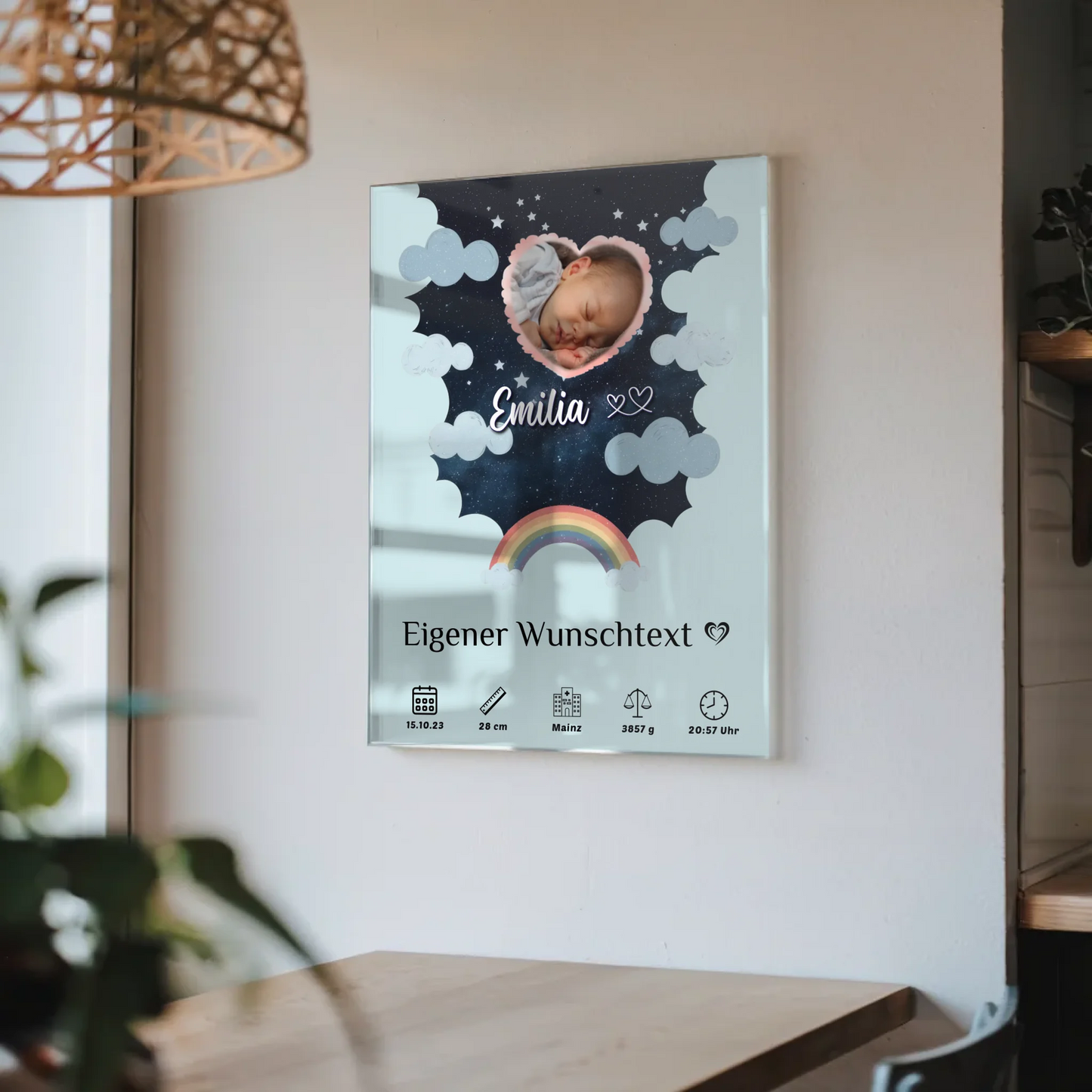 Personalisiertes Geburtsposter Acrylglas Foto Herz Sternmuster