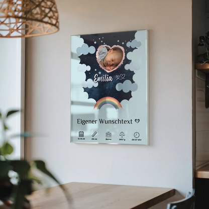 Personalisiertes Geburtsposter Acrylglas Foto Herz Sternmuster