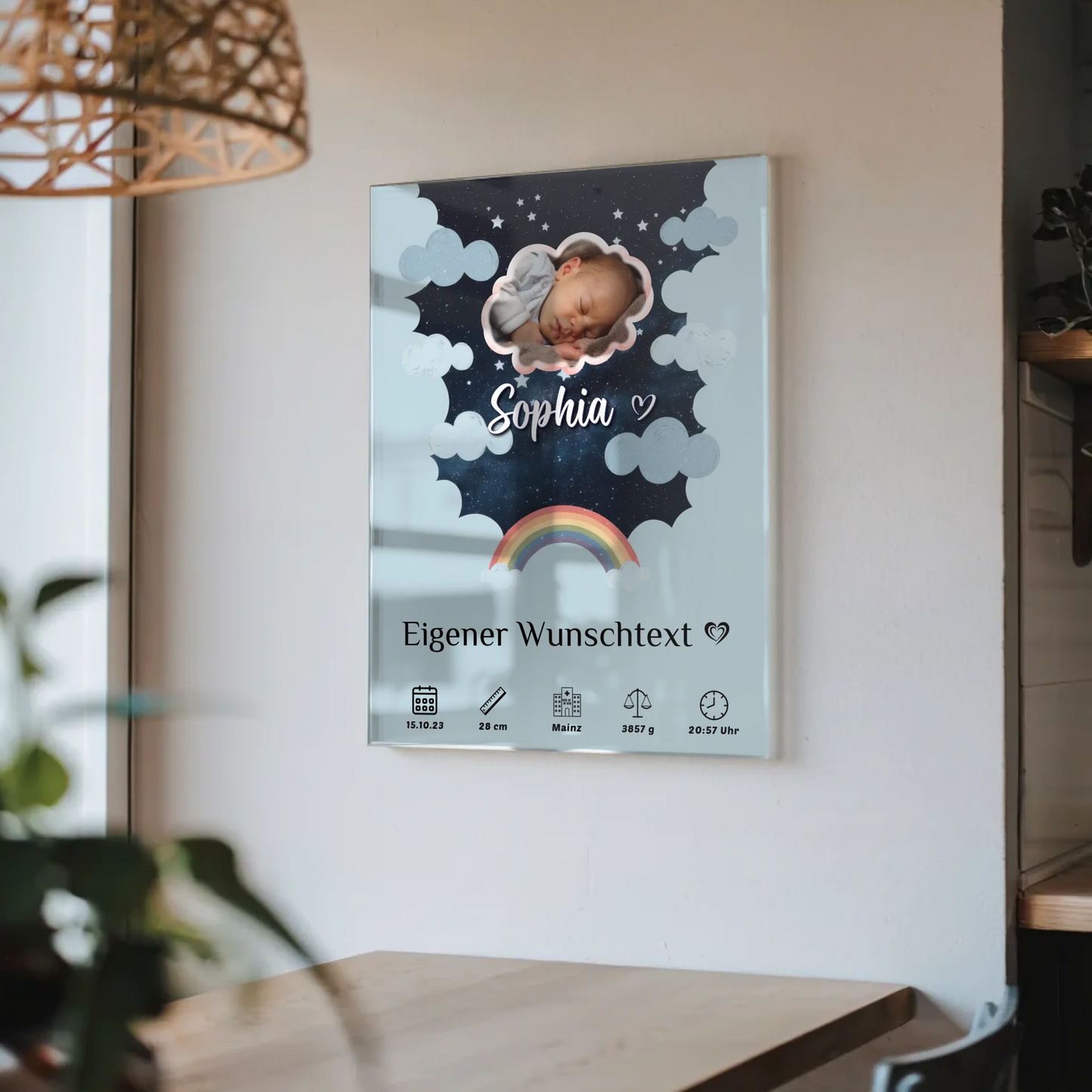 Personalisiertes Geburtsposter Acrylglas Foto Wolke Sternchen