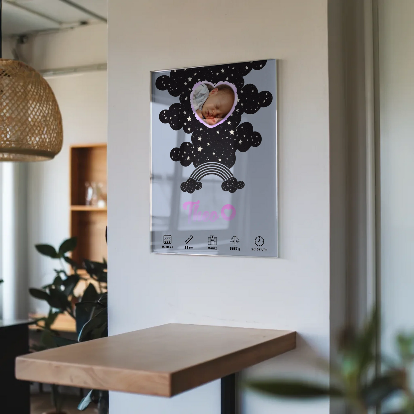 Geburtsposter Acrylglas Personalisiert Foto Herz Blau Jungen