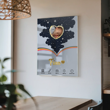 Acrylglas Bild Geburtsdaten Foto Herz personalisiert Blau