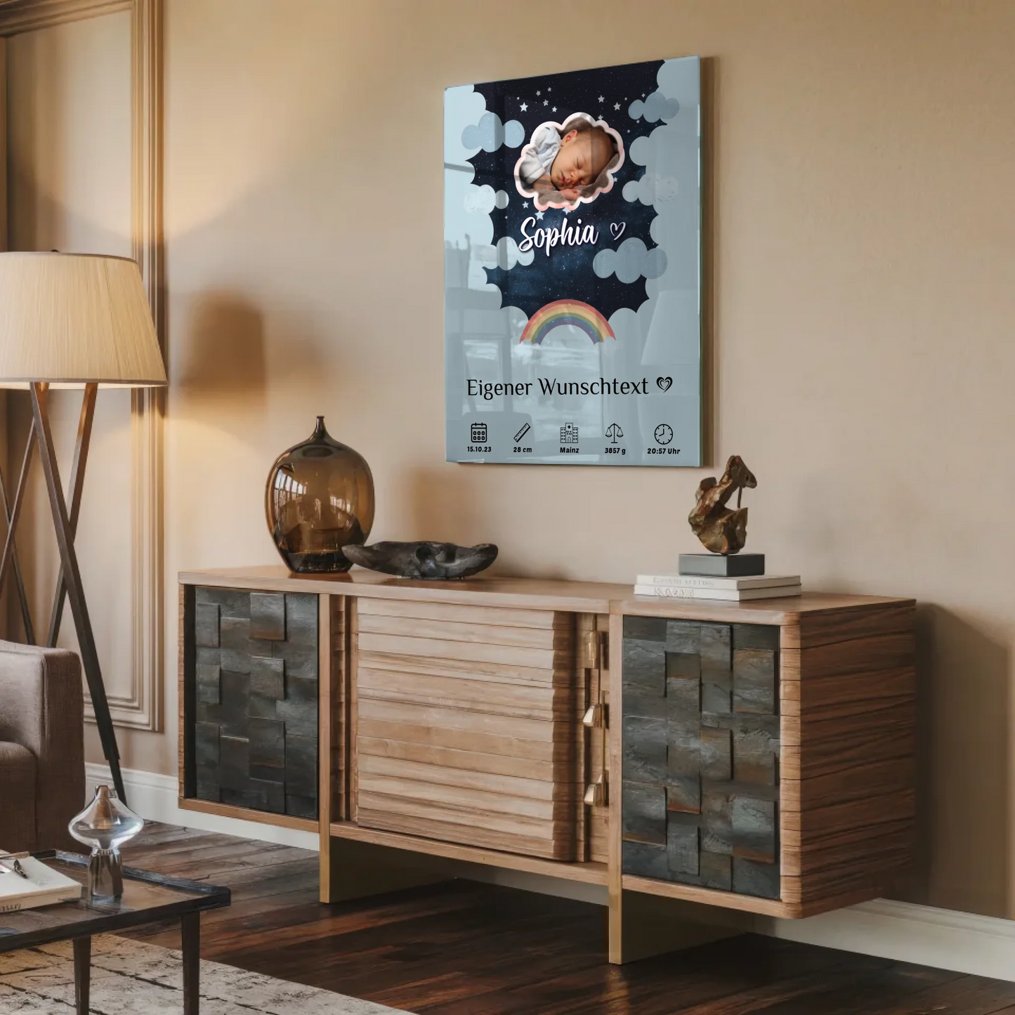 Personalisiertes Geburtsposter Acrylglas Foto Wolke Sternchen