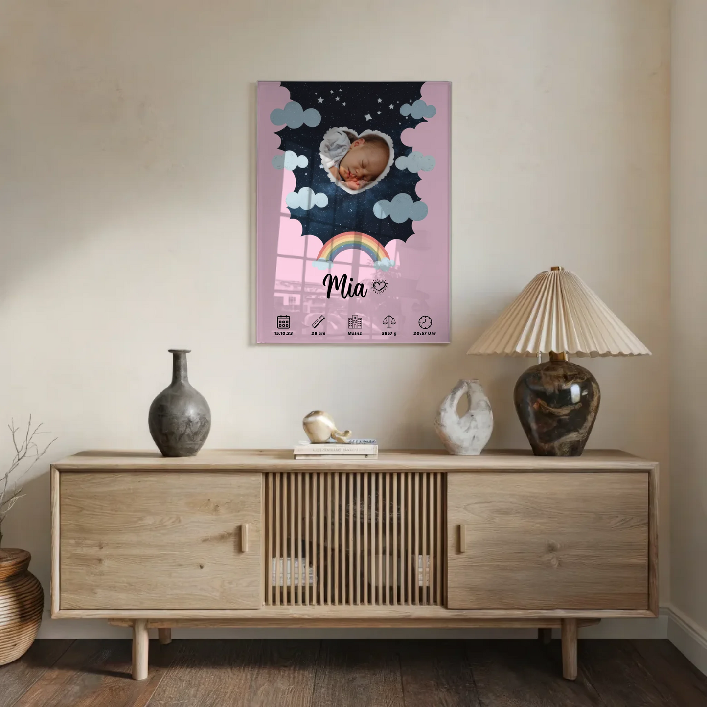 Personalisiertes Geburtsposter Acrylglas Herz Sternmuster