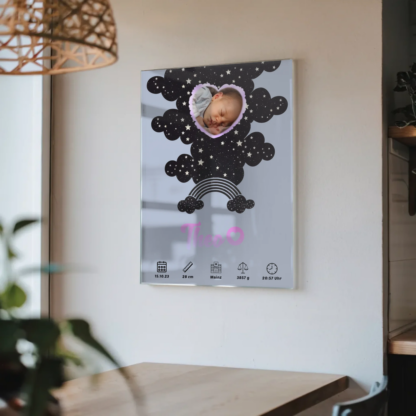 Geburtsposter Acrylglas Personalisiert Foto Herz Blau Jungen