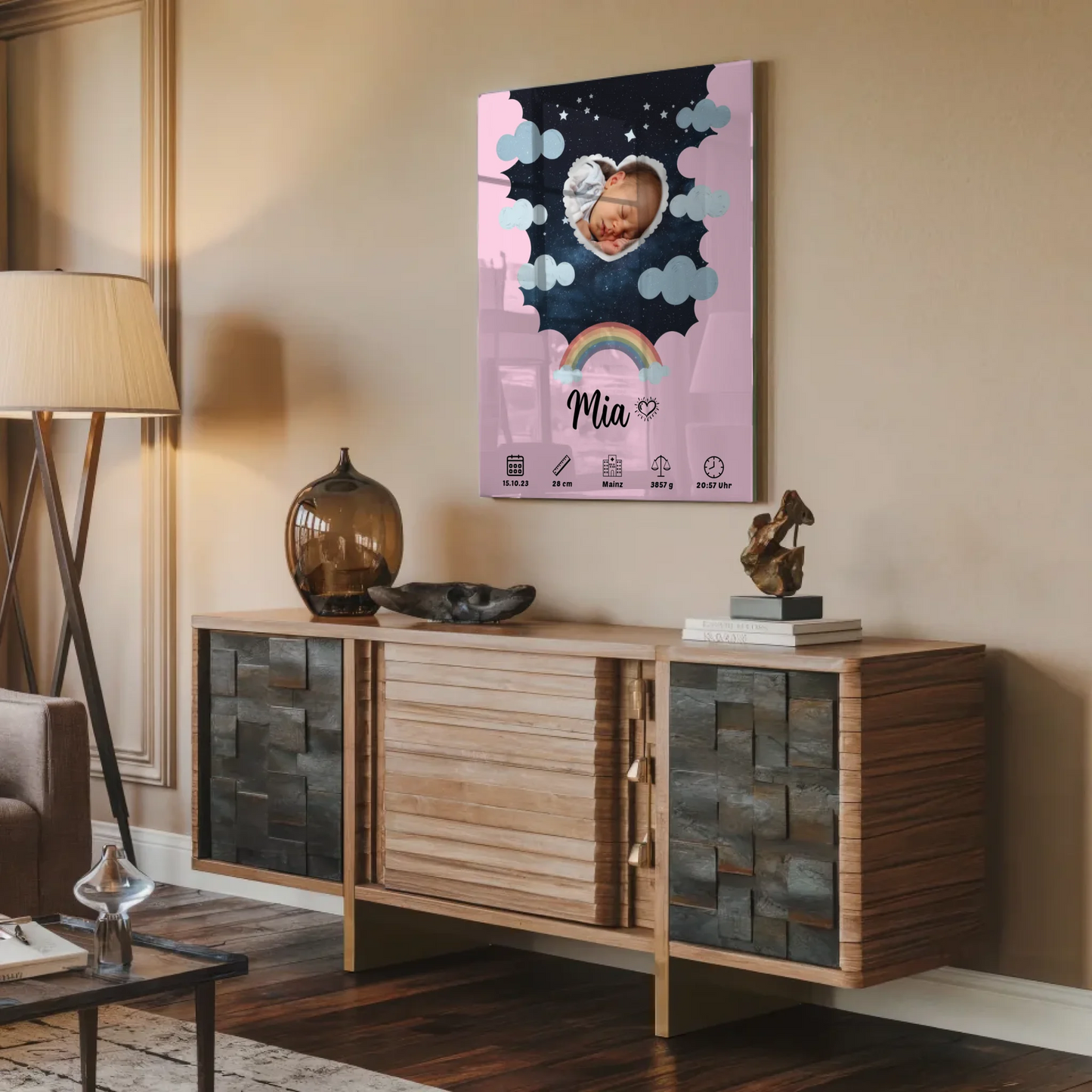Personalisiertes Geburtsposter Acrylglas Herz Sternmuster
