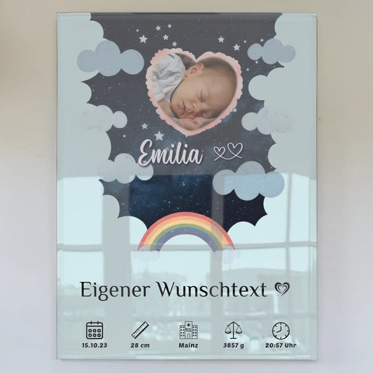 Personalisiertes Geburtsposter Acrylglas Foto Herz Sternmuster