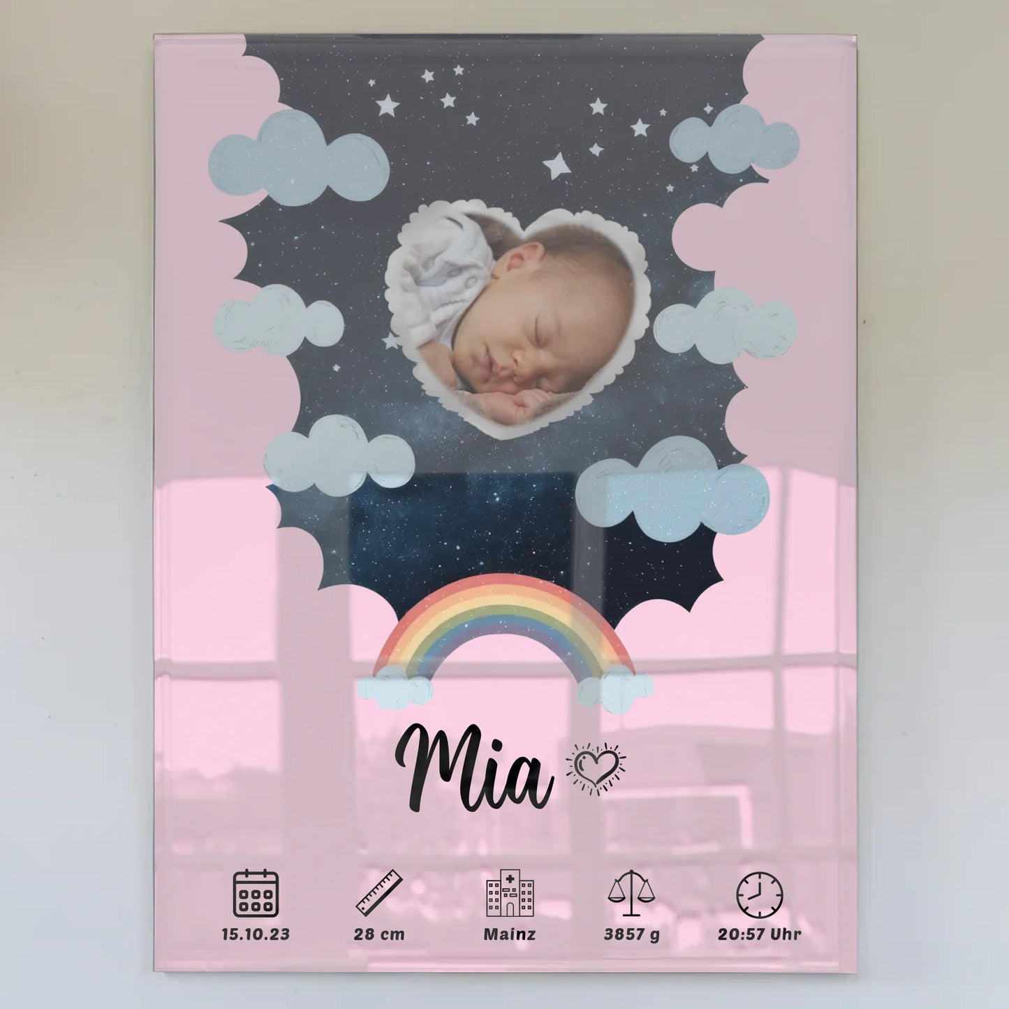 Personalisiertes Geburtsposter Acrylglas Herz Sternmuster