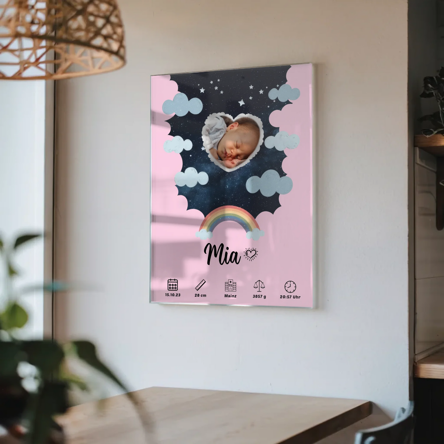 Personalisiertes Geburtsposter Acrylglas Herz Sternmuster