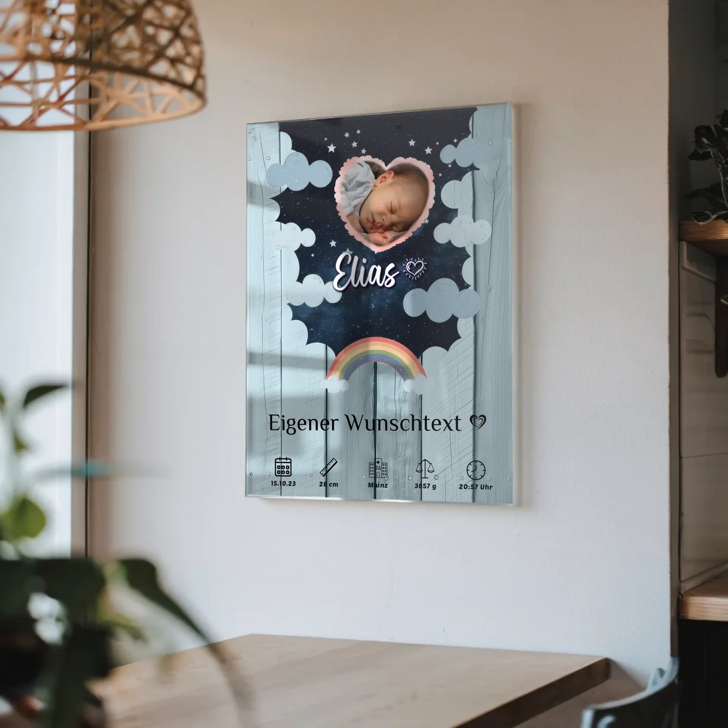 Herz Foto Geburtsposter Baby Acrylglas Holz Himmelblau