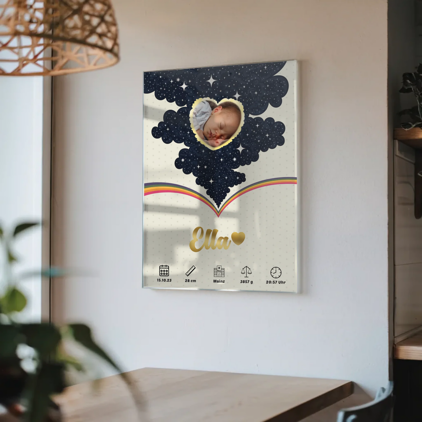 Acrylglas Bild Geburtsdaten Foto Herz personalisiert Mädchen