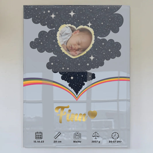 Acrylglas Bild Geburtsdaten Foto Herz personalisiert Blau