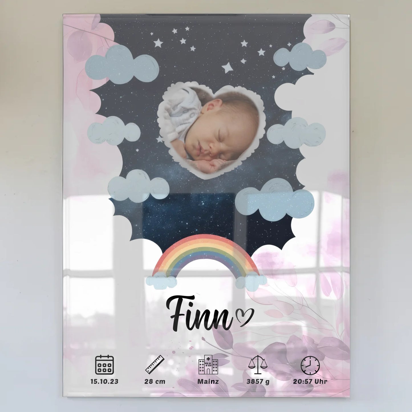 Herz Foto Plakat Acrylglas Bild Geburt Baby Rosa