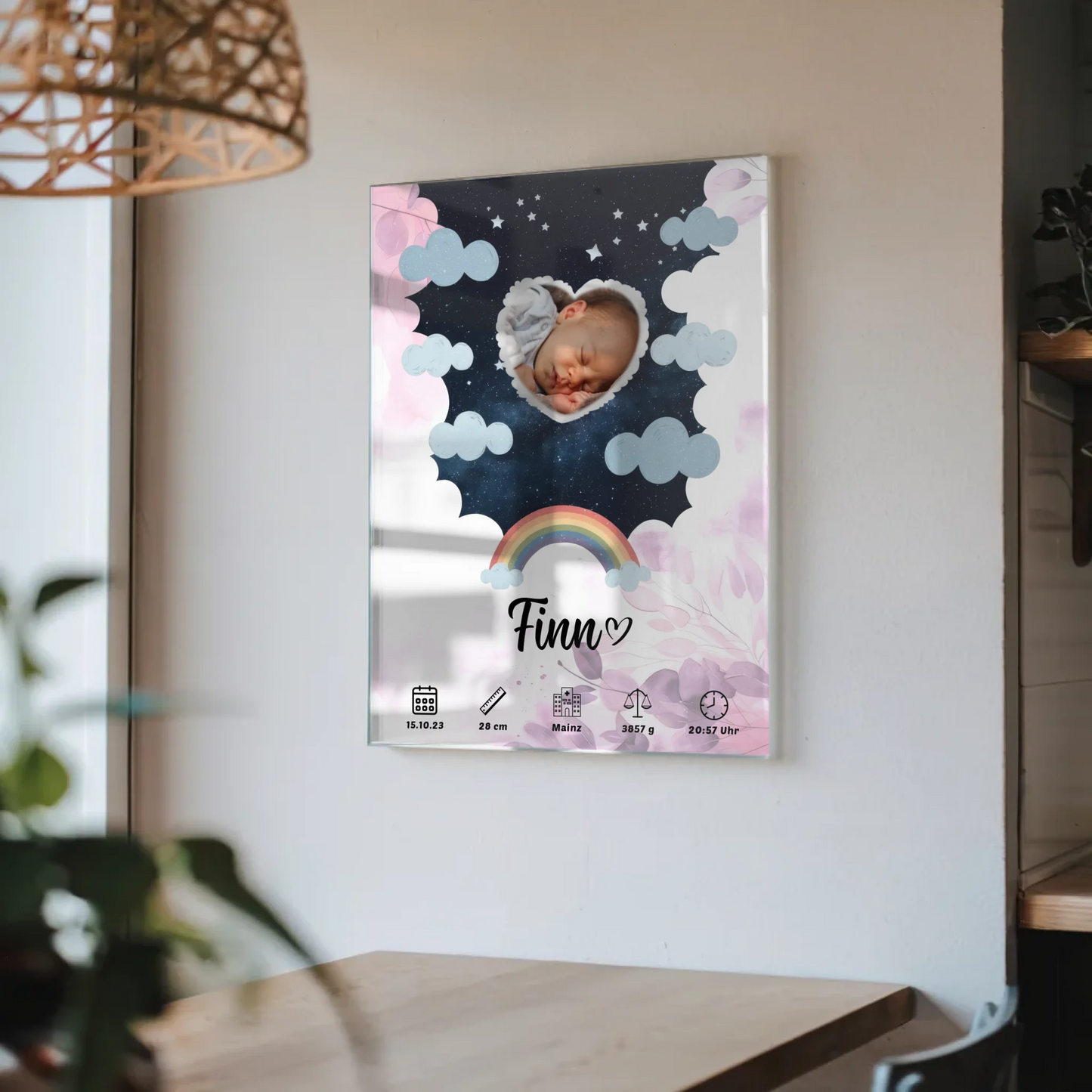 Herz Foto Plakat Acrylglas Bild Geburt Baby Rosa