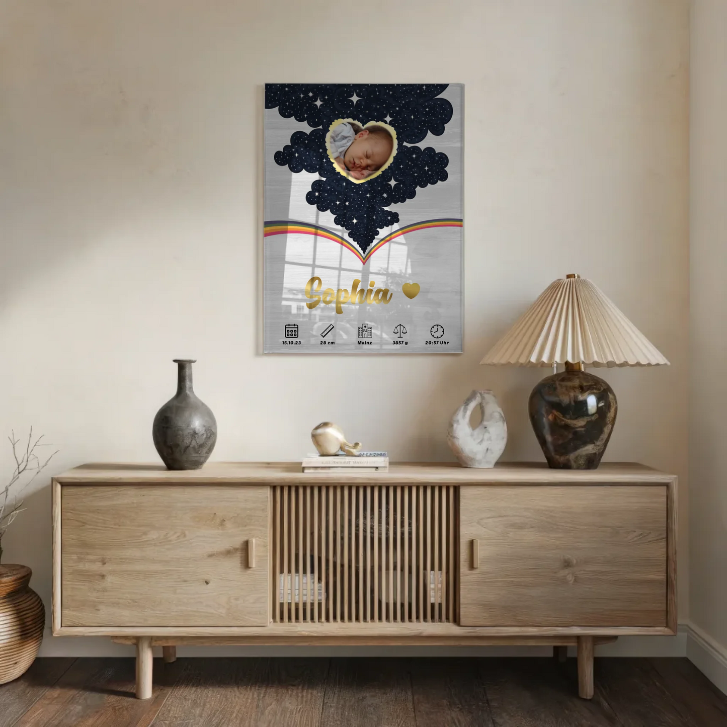 Herz Foto Acrylglas Bild Baby Geburtsdaten Holz Hell