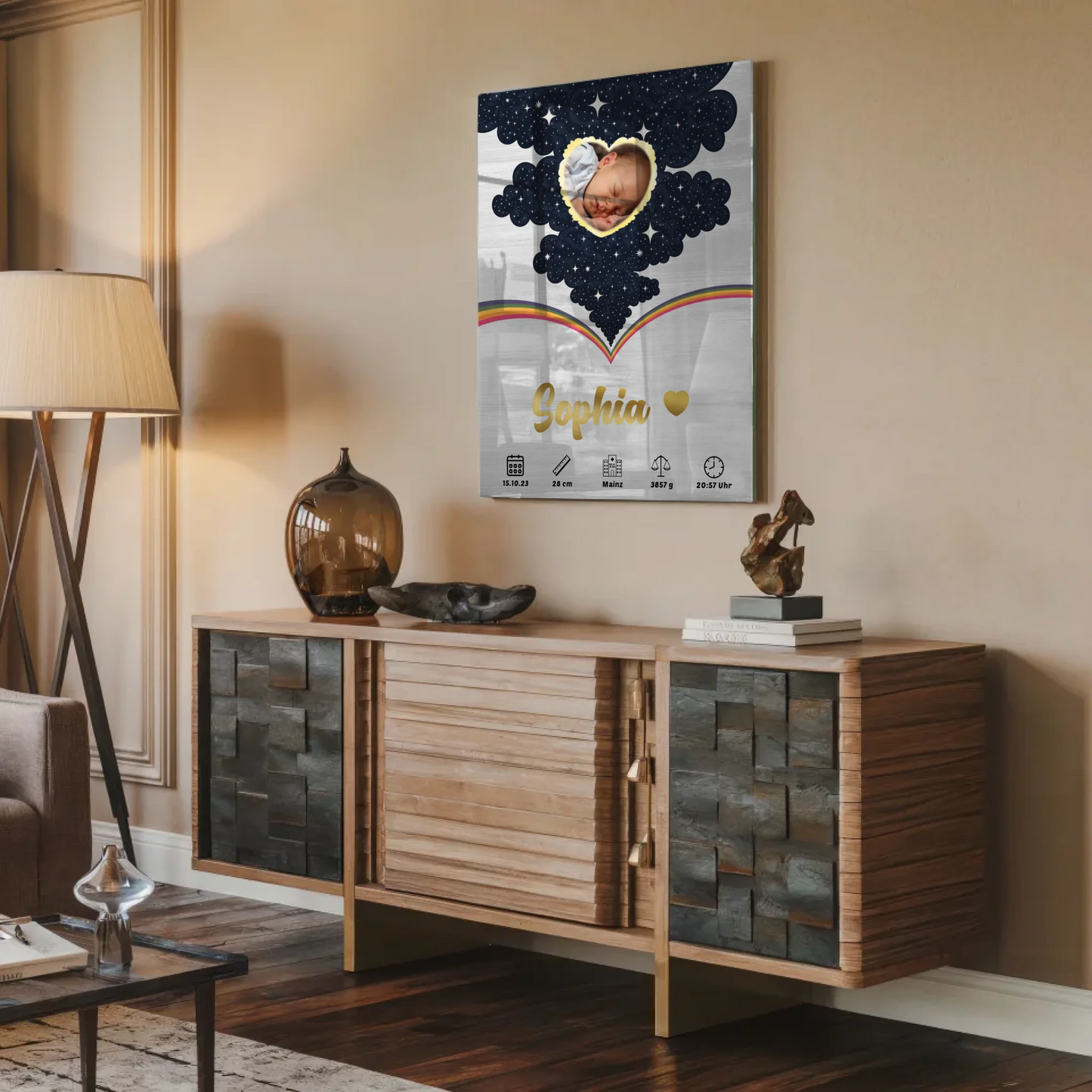 Herz Foto Acrylglas Bild Baby Geburtsdaten Holz Hell