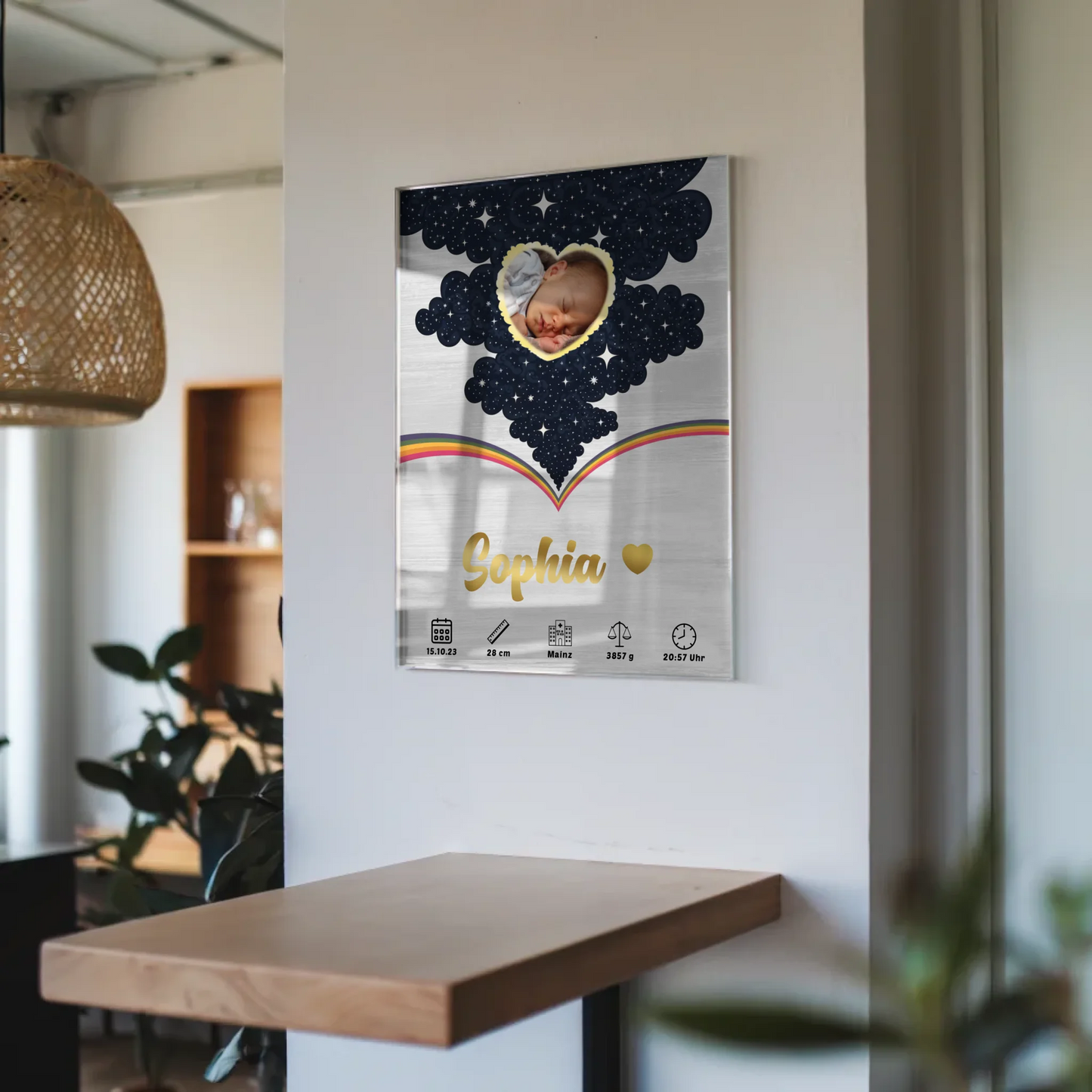 Herz Foto Acrylglas Bild Baby Geburtsdaten Holz Hell