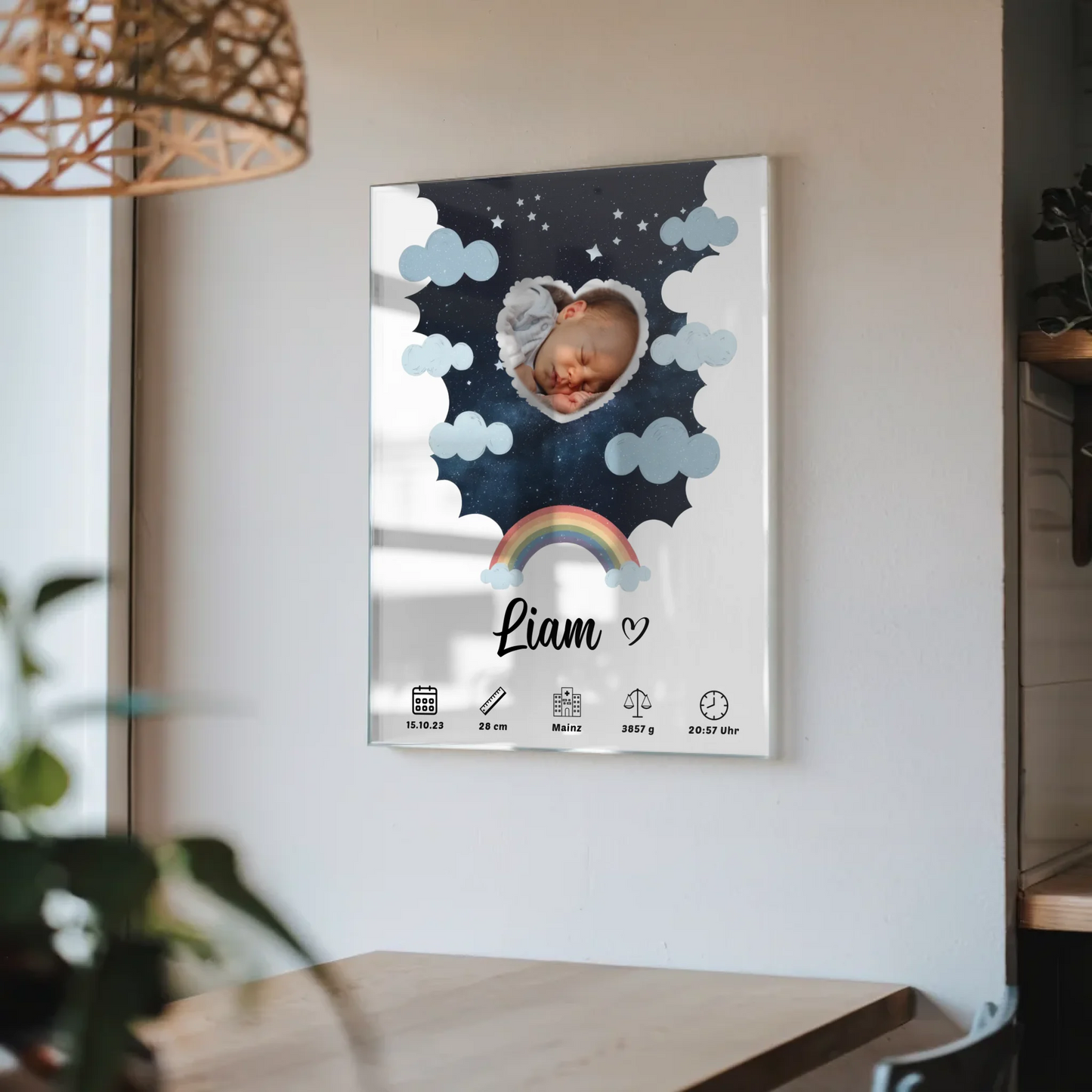 Plakat Acrylglas Bild Geburt Herzform für Mädchen Jungen