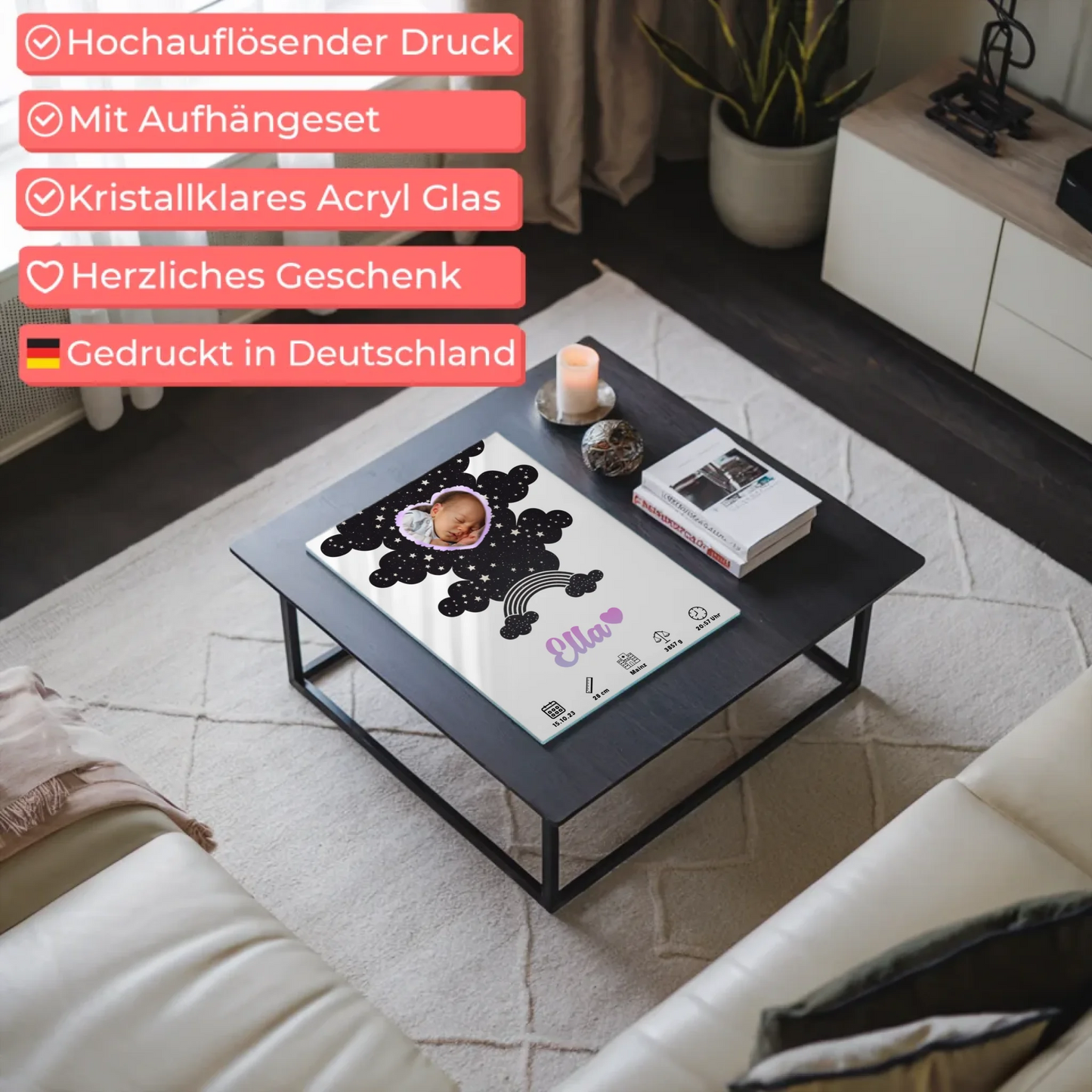 Geburtsposter Acrylglas Personalisiert Mädchen Jungen Fotoherz